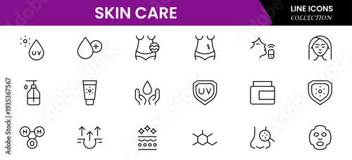 Skin care line icons set. Moisture cream, acid, anti wrinkle serum, creamed, collagen. Pixel perfect, minimalistic web and UI icon.Thin line icon collection. Vector illustration.