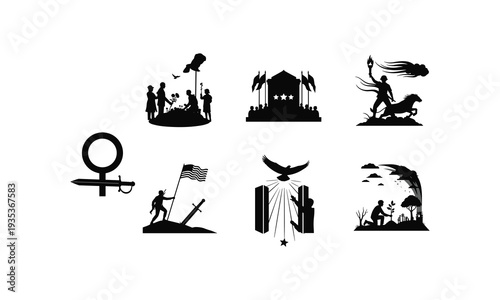 Military memorial ceremony silhouette vector illustration featuring soldiers and flag tribute