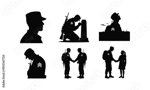 Set of 6 soldier vector silhouette illustration line art icons for memorial day concepts
