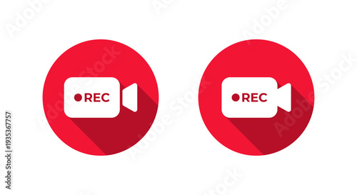 Camera rec icon with long shadow. Video recording symbol. Live record sign