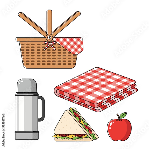 A picnic setup featuring a wicker basket, thermos, sandwich, apple, and checkered blanket in a serene outdoor environment viewed from above.