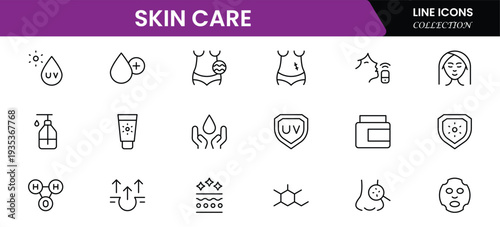 Skin care line icons set. Moisture cream, acid, anti wrinkle serum, creamed, collagen. Pixel perfect, minimalistic web and UI icon.Thin line icon collection. Vector illustration.