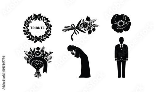 Set of funeral symbols and mourning people, wreath, flowers, and flowers tribute