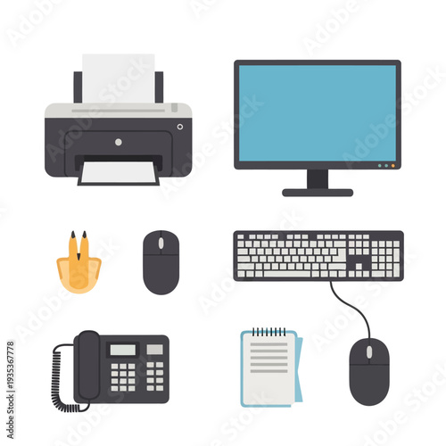 Office equipment and computer peripherals arranged on a workspace with a monitor, keyboard, mouse, printer, telephone, and notepad