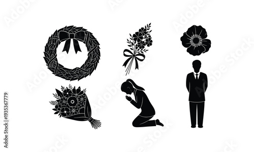 Set of funeral symbols and mourning people, wreath, flowers, and flowers tribute