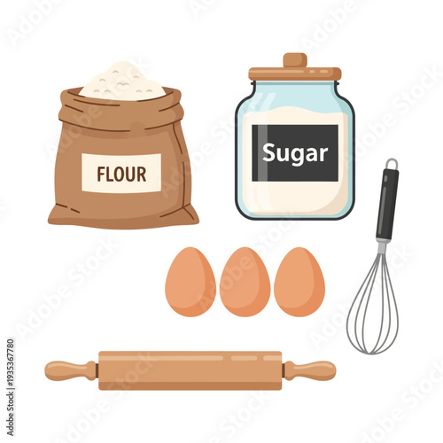 Baking Essentials Including Flour, Sugar, Eggs, and Utensils Arranged Together