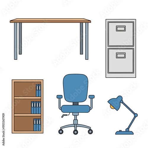 Office furniture and equipment illustration featuring desk, chair, lamp, bookshelf, and filing cabinet from a front viewpoint