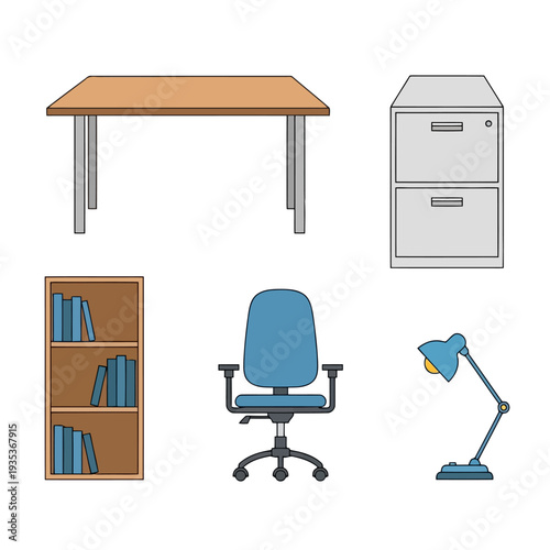 Office supplies and furniture, including table, chair, bookshelf, file cabinet, and desk lamp, arranged neatly in a workspace setting, viewed from directly above.