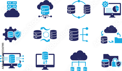 Database management solid icons set. Cloud server, network gear, data backup, sync, secure storage. Cloud computing solid icons collection.