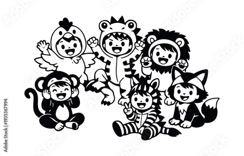 Group of happy children wearing monkey, chicken, dinosaur, lion, zebra, and fox costumes playing together
