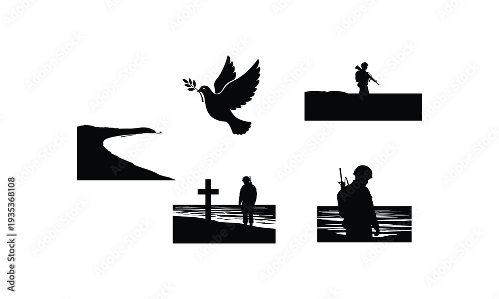 Fototapeta premium War and peace silhouette illustrations of soldiers doves and graves vector line art