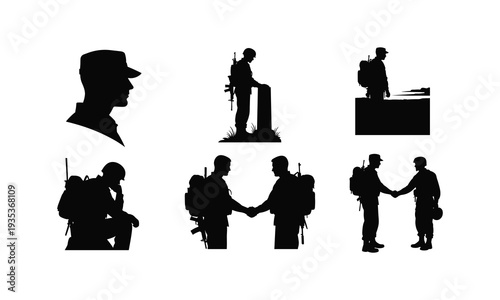 War veteran silhouette vector set showing soldier emotional moments and brotherhood bonds