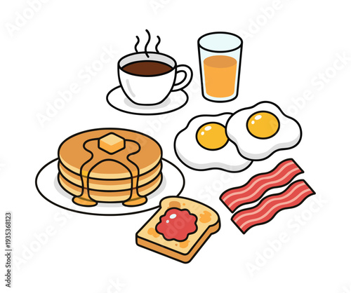 Full breakfast elements featuring traditional morning foods and drinks for a hearty meal