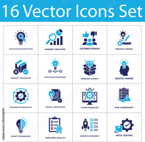 Innovation implementation solid icons set. Market analysis, product design, beta testing, risk assessment, digital innovation. Product development solid icons collection.