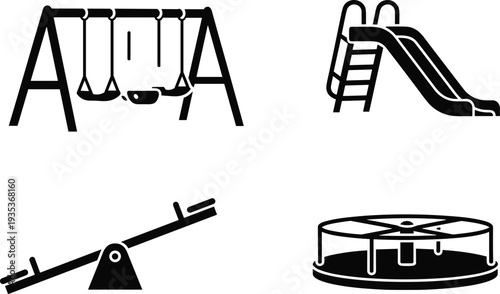 Cad drawing flat vector illustration of playground equipment set featuring swing set slide seesaw and merry go round black silhouettes
