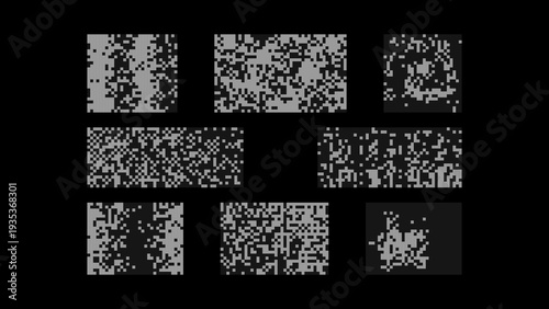 Set of abstract vector pixel art elements with glitch effects, digital noise, and data corruption patterns. Grayscale monochrome textures for tech, gaming, signal interference backgrounds and icons.