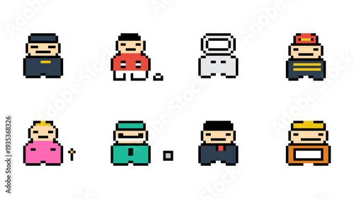 Pixel art vector icon set featuring diverse professional character avatars like police officer, doctor, astronaut, fireman, chef, and builder. Retro 8-bit game assets for user interface design.