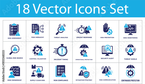 Risk management web icon set in solid style. Collection of security, solid icons, including threat analysis, urgent response, supply chain risk, mitigation strategy and more.