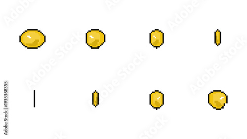 Pixel art vector set featuring a rotating golden gem or coin sprite sheet for retro game development. Includes 8-bit animation frames of a yellow jewel crystal for gaming UI and app design.