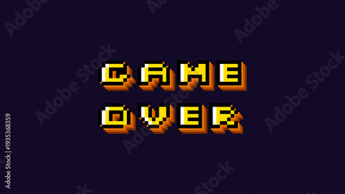 Retro pixel art game over text vector screen. 8-bit arcade gaming design on dark purple bg. Vintage console video game font for gamer UI. Classic gold pixelated lettering for play and win apps.
