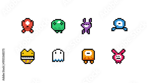 Colorful vector set of pixel art monster characters and cute alien icons for video game design. Retro 8-bit style graphics for mobile app asset development and high-quality gaming projects.