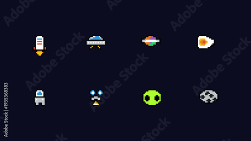 Retro pixel art space icon set vector featuring 8-bit gaming collection with rocket, UFO, alien, planet, and astronaut for arcade UI design, galaxy background assets, and cosmic sprite kit.