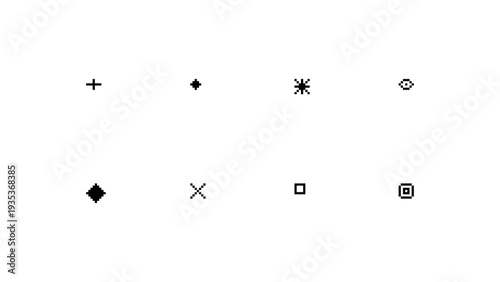 Set of minimalist black and white pixel art vector icons featuring diamond, cross, star and square shapes for retro 8-bit game UI design, digital interface assets, and pixelated web decoration.