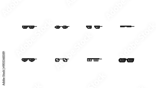 Pixel art sunglasses collection with various eyewear styles in 8-bit retro gaming vector set. Professional black glasses icons for game UI, web design, and digital accessories on white.