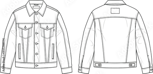 Fashion technical sketch of a classic denim trucker jacket vector template featuring front and back views with button pockets and seams.
