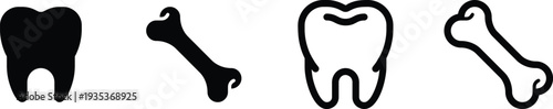 Dental tooth and bone icon set in solid and outline styles. Minimal black medical symbols for dentistry and healthcare themes. Perfect for clinic branding, anatomy graphics, and educational materials.