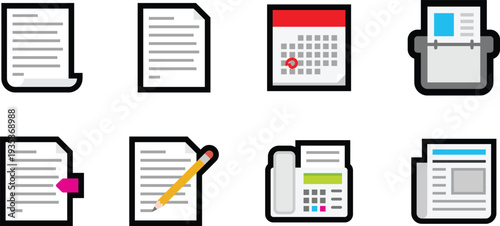 Office document and stationery icon set including files, calendar, printer, clipboard, pencil, calculator, and newspaper. Modern flat design symbols perfect for business apps, web interfaces, and prod