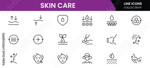 Skin care line icons set. Moisture cream, acid, anti wrinkle serum, creamed, collagen. Pixel perfect, minimalistic web and UI icon.Thin line icon collection. Vector illustration.