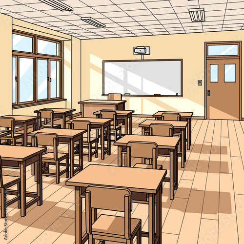 Empty classroom with wooden desks and chairs, a whiteboard, and windows, ready for students.