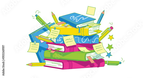 Colorful Books and Stationery Items Pile.