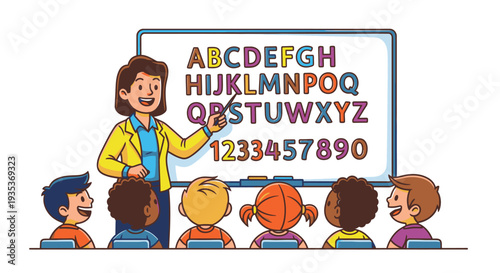 Teacher Educating Children with Alphabet Numbers.