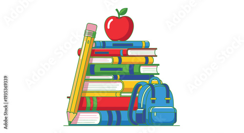 Stack of Books with Backpack and Apple.