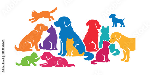 Diverse collection of dogs and cats in vibrant colors, illustrating companionship, pet ownership, and animal well-being