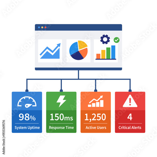 Enterprise KPI Dashboard with System Uptime, Response Time and Critical Alerts – Business Analytics Flat Vector