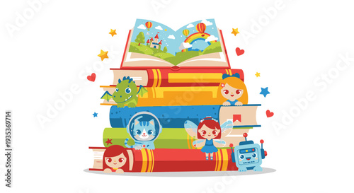 Colorful Stack of Childrens Books Illustration.