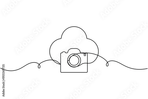 Camera with cloud sign icon continuous one line art single drawing on white background minimal photo backup storage line symbol outline vector illustration