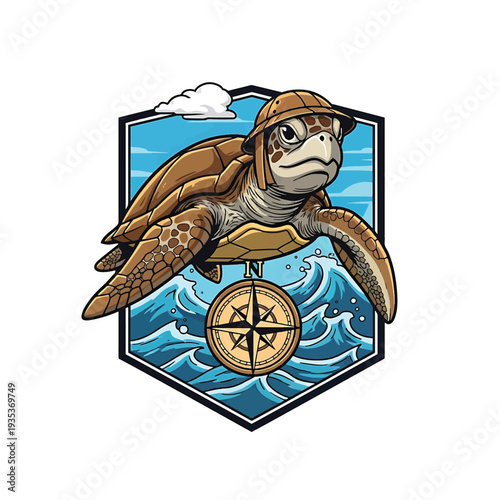 Sea turtle with compass over ocean waves shield