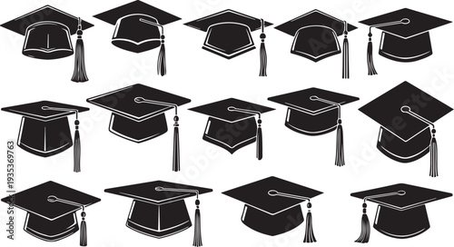 Graduation caps and tassels in various positions and angles