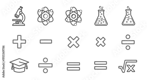 Science Education Icons Featuring Lab Equipment Symbols.