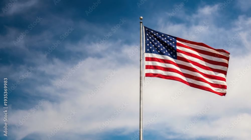 Fototapeta premium USA flag flutters under blue skies, created AI
