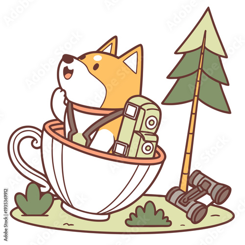 Cute Playful Akita, accessorized with sitting in a teacup ride, in a Forest adventure world – Evergreen Trails palette vector