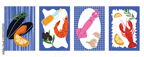 Retro Italian seafood poster and banner set with mussels, shrimp, squid, lobster, lemon, rosemary, olive oil and olives for restaurant branding