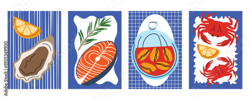 Retro seafood restaurant banner set with mussels, salmon steak, oysters, crab, lemon and rosemary for Italian cuisine marketing materials