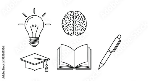 Education Symbols Lightbulb Brain Graduation.