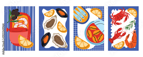 Retro Italian seafood poster set with canned lobster meat, sardines, oysters, mussels, shrimp, crab, lemon, rosemary and olives for restaurant branding