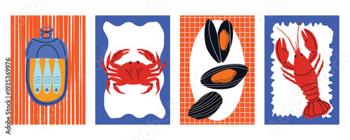 Retro seafood canned food banner set with sardines, crab, mussels and lobster for Italian restaurant branding and promotional materials